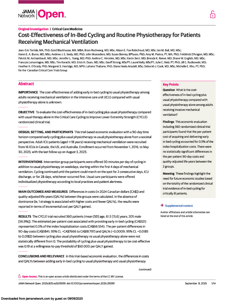 Tarride Cost-Effectiveness of In-Bed Cycling and Routine Physiotherapy for Patients Receiving Mechanical Ventilation
